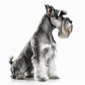 Beautiful bearded dog breed miniature schnauzer sitting isolated on white close-up,