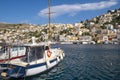 Beautiful Beautiful View of the Colorful Neo-Classical Houses in the Harbor of Symi Royalty Free Stock Photo