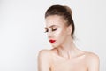 Beautiful. Beauty sexy gorgeous face model red gradient black lips. Portrait close up side profile serious young eyes closed woman Royalty Free Stock Photo