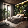 Beautiful bedroom with plants on the wall - ai generated image