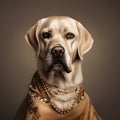 Beautiful beige labrador with jewelry on the neck, beads and necklace, elegant dog on a yellow background