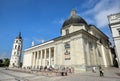 Beautiful Belfry and Vilnius Cathedral Basilica of Saints Stanislaus and Vladislaus and bright blue sky with clouds, Vilnius