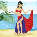 Beautiful belly dancer asian woman in a red and blue stage costume on beach