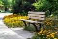 Beautiful bench in the park. Flower bed Royalty Free Stock Photo