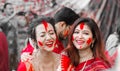 Beautiful bengali girls laughing in durga puja festival