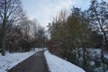 Wonderful winter snowy landscape with unique vegetation by the Wuhle River in February. Berlin, Germany Royalty Free Stock Photo