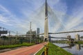 Beautiful bicycle path passing underneath the cable-stayed bridge next to the Pinheiros river in Sao Paulo, Brazil. Royalty Free Stock Photo