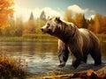 Beautiful big brown bear walking around lake with autumn Dangerous animal in nature forest and meadow habitat Royalty Free Stock Photo