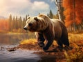 Beautiful big brown bear walking around lake with autumn Dangerous animal in nature forest and meadow habitat Royalty Free Stock Photo