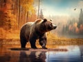 Beautiful big brown bear walking around lake with autumn Dangerous animal in nature forest and meadow habitat Royalty Free Stock Photo