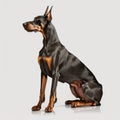 Beautiful big doberman breed dog sitting isolated on white close-up, Royalty Free Stock Photo