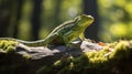 Beautiful big green lizard basking in the sun in the forest, selected focus Royalty Free Stock Photo