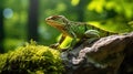 Beautiful big green lizard basking in the sun on a rock in the forest, selected focus. Royalty Free Stock Photo
