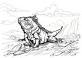 A beautiful big iguana. Reptile coloring page for children and adults, hand drawn illustration. A4 size. Design for Royalty Free Stock Photo