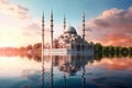 Beautiful Big Mosque Worship Place Islamic Muslim Religion with Pond Lake at Afternoon