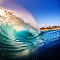 A beautiful Big ocean blue glassy wave and clear sky background Royalty Free Stock Photo