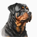 Beautiful big rottweiler breed dog portrait isolated on white close-up,