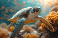 Beautiful big sea turtle. Underwater scene near a coral reef Royalty Free Stock Photo