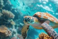 Beautiful big sea turtle. Underwater scene near a coral reef Royalty Free Stock Photo