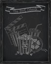 Beautiful big striped carton box full of delicious & fresh popcorn, carton cup with drinking straw, reel of film with inscription