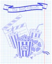 Beautiful big striped carton box full of delicious & fresh popcorn, carton cup with drinking straw, reel of film with inscription Royalty Free Stock Photo