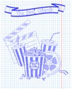 Beautiful big striped carton box full of delicious & fresh popcorn, carton cup with drinking straw, reel of film with inscription Royalty Free Stock Photo