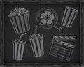 Beautiful big striped carton box full of delicious & fresh popcorn, small popcorn box, carton cup with drinking straw, reel Royalty Free Stock Photo