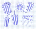 Beautiful big striped carton box full of delicious & fresh popcorn, small popcorn box, carton cup with drinking straw, reel Royalty Free Stock Photo