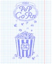 Beautiful big striped carton box full of delicious & fresh popcorn. Vintage inscription & falling popcorn pieces