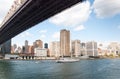 Beautiful big white sailboat on East River. Queensboro bridge and Manhattan`skyscrapers on background