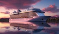 Beautiful big white touristic cruise ship in the sea at pink sunset Royalty Free Stock Photo