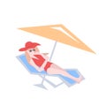 Beautiful bikini woman relaxing on sunbed girl drinking cocktail lying on lounger under beach umbrella female cartoon Royalty Free Stock Photo