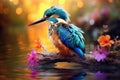 Beautiful bird on a branch with flowers in the water at sunset, exotic bird perched on a branch above a tranquil pond, its