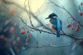 Beautiful bird on bright pink branch. Generate ai Royalty Free Stock Photo