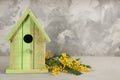 Beautiful bird house and mimosa flowers on light grey stone table, space for text Royalty Free Stock Photo