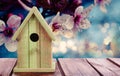 Beautiful bird house on wooden table outdoors, space for text Royalty Free Stock Photo