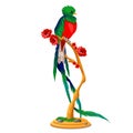Beautiful bird of paradise sitting on a wooden perch with flowers isolated on white background. Vector cartoon close-up Royalty Free Stock Photo