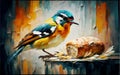 Beautiful bird pecking on and eating on a tiny piece of bread: Oil painting, heavy strokes