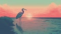 Pop Art Illustration: Heron In Sunset Water - High Detailed Art Print