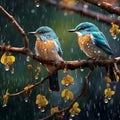 beautiful birds on tree branch in rain generated by AI tool