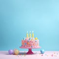 Beautiful birthday cake, on blue background. Ai generative. Illustration Royalty Free Stock Photo