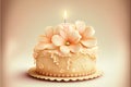 Beautiful birthday cake with a candle and flowers. Vector illustration.