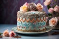 Beautiful birthday cake with flowers on a blue background