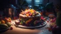 Beautiful birthday cake with various fruits and berries