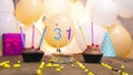 A beautiful birthday card for a girl with the number 31 in a cupcake against the background of balloons. Thirty one year happy Royalty Free Stock Photo