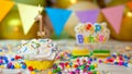 Beautiful birthday greetings for a one-year-old child, a card for 1 year old happy birthday. Bengal fire with a cream cake