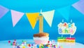 Beautiful birthday greetings to one year old child on a blue background, postcard with the number 1 years old happy birthday copy Royalty Free Stock Photo