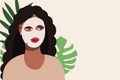 Beautiful bkack young woman applying cosmetic product skin care mask. Woman's face and green plant. Skin care banner