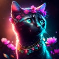 Beautiful black cat with flowers on a dark background. Vector illustration. Generative AI Royalty Free Stock Photo