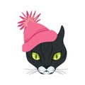 Beautiful black cat head in pink knitted hat, cartoon animal character vector illustration Royalty Free Stock Photo